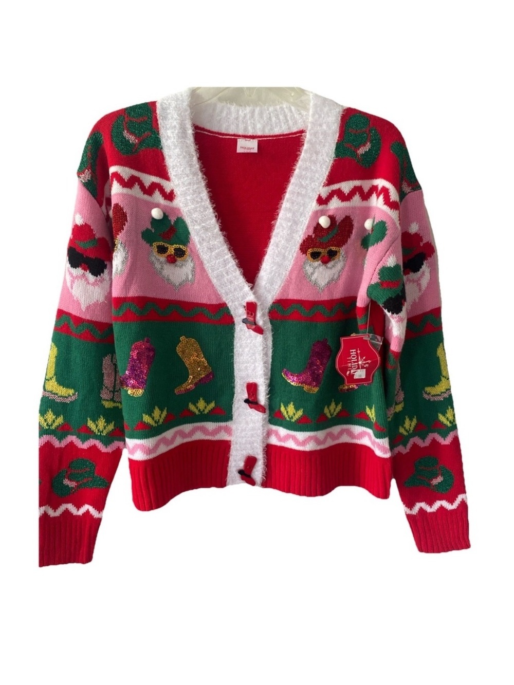 Holiday time red Christmas cardigan sweater cowboy boots country western cowgirl - Picture 2 of 12